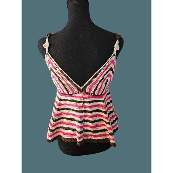 2/$35 POL Crochet Striped V-Neck Babydoll Cropped Boho Hippie Girl Top Women S - Picture 4 of 9